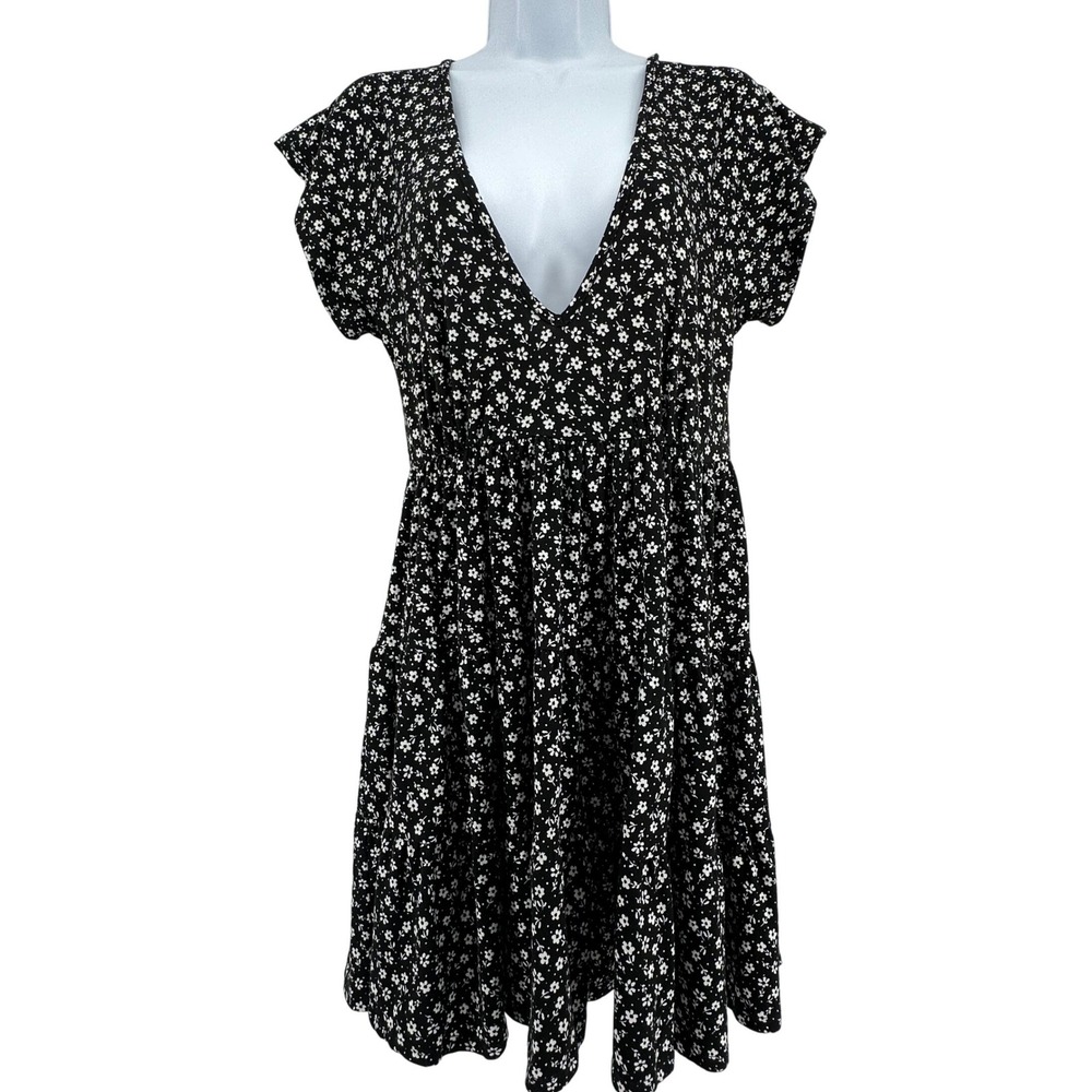 Urban Outfitters Floral Mini Tiered‎ Dress Womens S Black Deep V Neck Boho